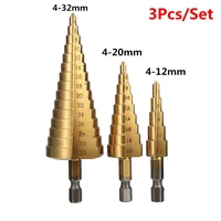3pc hss step drill bit set cone hole cutter taper metric 4 12 20 32mm 1 4 titanium coated metal hex core drill bits