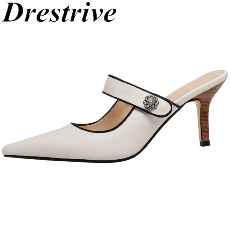 

Drestrive Women Pumps Cow Leather Pointed Toe Thin Heels Mules Mary Janes Buckle 2021 Summer High Heel Shoes Size 43