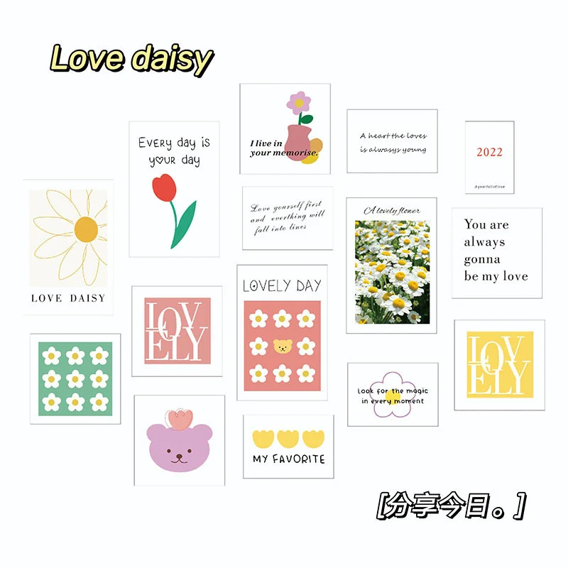 

Korean Ins Cartoon Bear Daisy Flower Postcard Decorative Card Home Decor Kawaii Mini Poster Diy Background Wall Sticker 15sheets