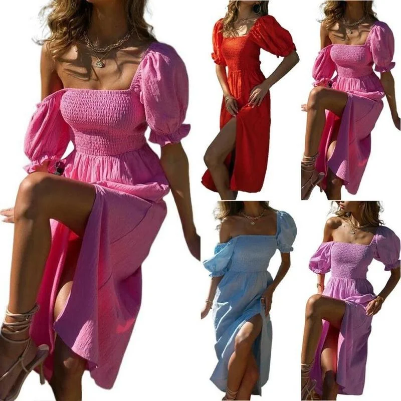

Solid Color Sexy High Slit Dress Women Square Collar Puff Short Sleeve Sweet And Lovely Summer Beach Sundress