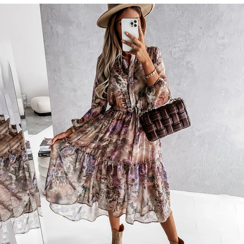 

Bohemia Print High Waist Chiffon Long Dresses Women Autumn Long Sleeve Stand Neck Tunic Ruffle Holiday Beach