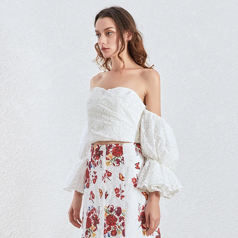 TWOTWINSTYLE Sexy Lace Women Blouses Slash Neck Off Should Flare Long Sleeve Tunic Short Shirt For Female Clothing 2020 Fashion |