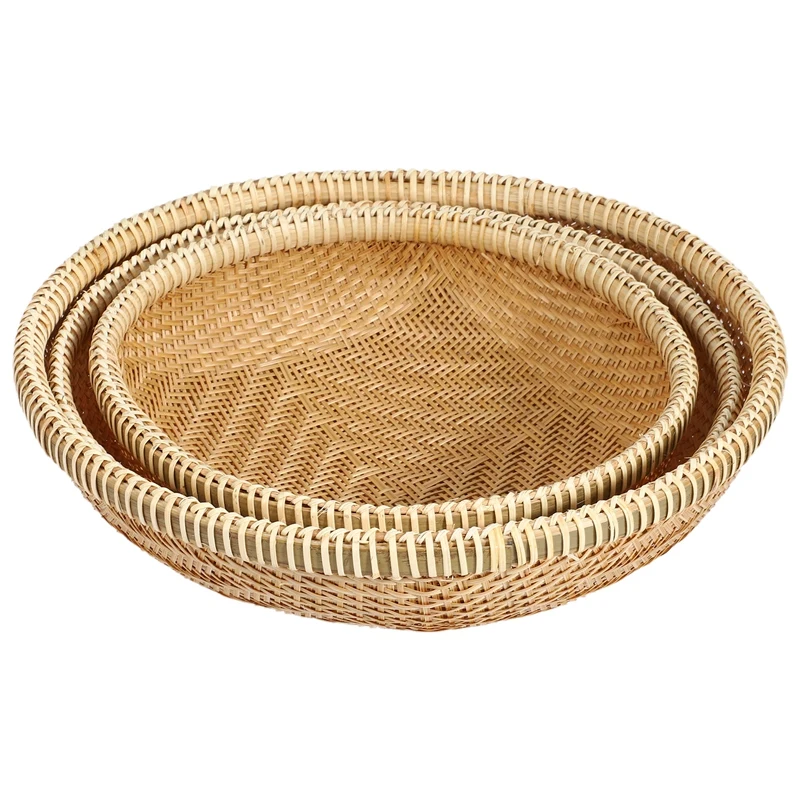 

3PCS Vietnam Hollow Dustpan Round Bamboo Basket Hand Woven Basket Fine Bamboo Woven Products White Rattan Edge