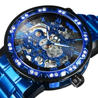 winner transparent diamond mechanical watch blue stainless steel skeleton mens watches top brand luxury business fashion style