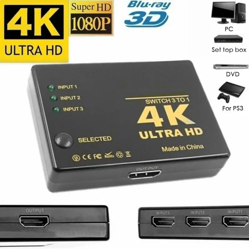 4K 1080p 3D HDMI-совместимый переключатель селектор 3 входа 1 выход хаб для HDTV DVD PS3 Xbox