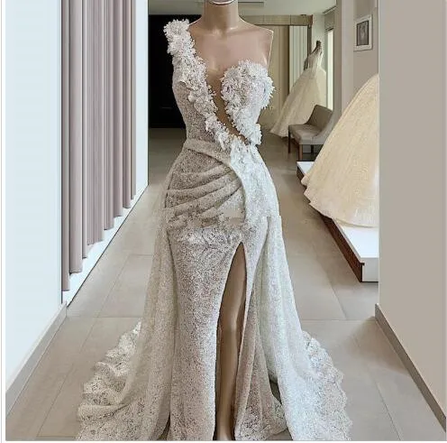 2020 Samlpe Ivory Lace Mermaid Arabic Moroccan High Spit Evening Dresses One Shoulder Women Dubai Caftans Formal Party Gowns | Свадьбы и