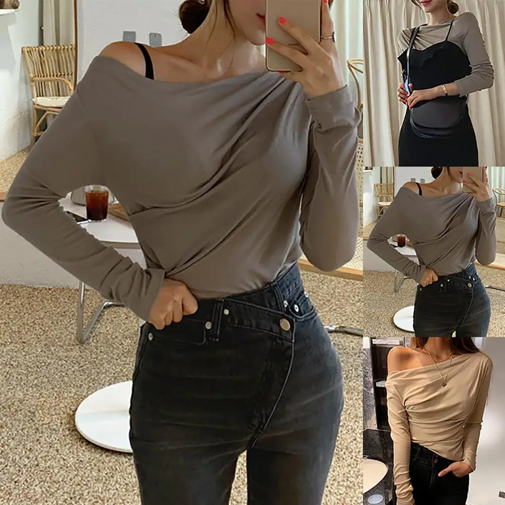 

2020 модная сексуальная женская элегантная облегающая футболка с длинным рукавом и открытыми плечами, однотонная плиссированная футболка