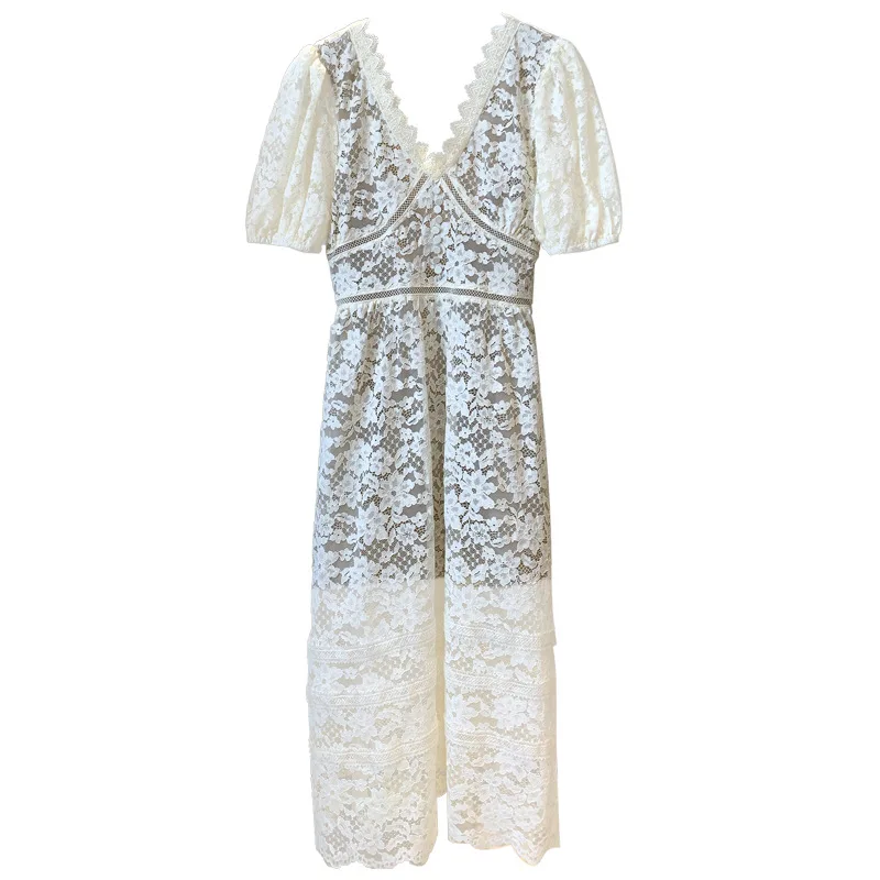 

2021 spring and summer new lace dress new French waist V-neck diamond temperament fairy skirt