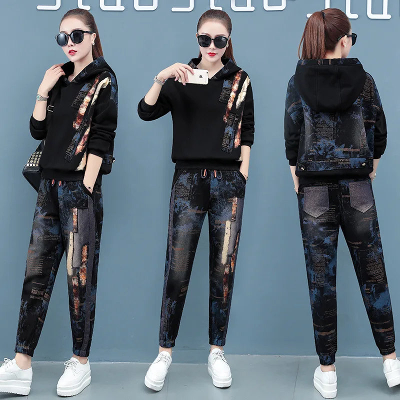 値段 2021韓国のファッションスタイルの女性の春プリントは付きのスエットシャツとハーレムパンツラウンジ二枚を着用セット新