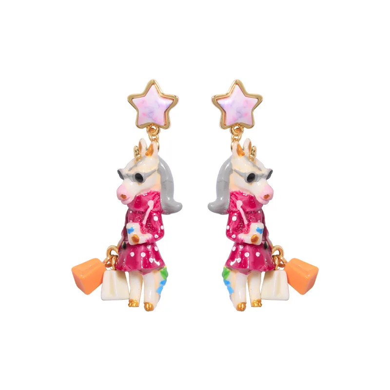 

European and American New Earrings Unicorn Series Pink Unicorn Shopping Earrings Star Stud Earrings Without Pierced Ear Cips
