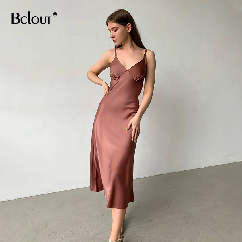 

Bclout Sexy V-Neck Spaghetti Strap Slim Satin Women'S Dress Autumn Elegant Sleeveless High Waist Midi Dress Woman Party Robe Y2k