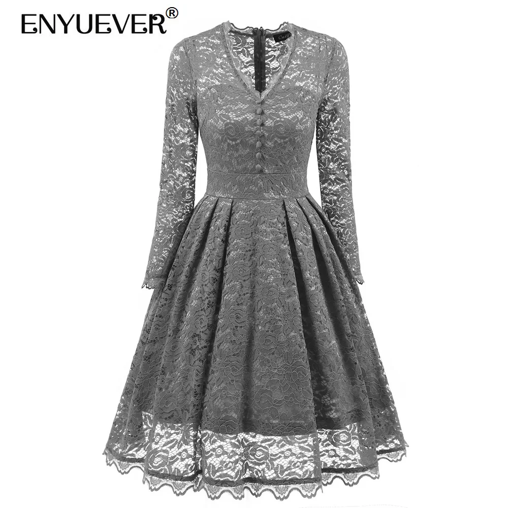 

Enyuever Elegant Women Lace Dress Spring Clothes Long Sleeve V Neck Swing Grey Party Dinner Dress Plus Size Festival Clothing