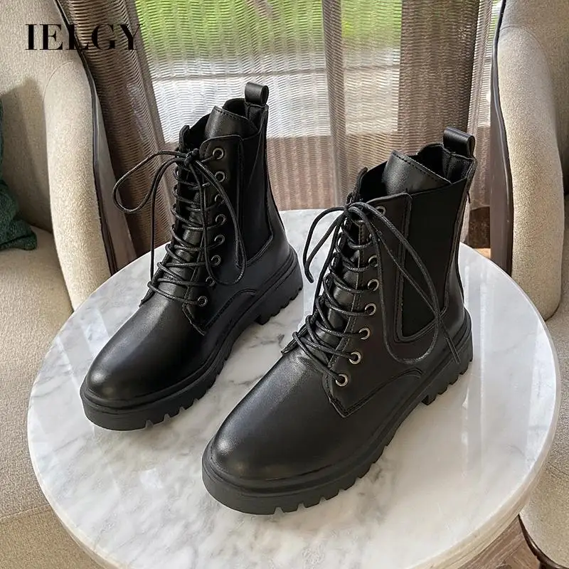 

IELGY Martin boots female British style black flat retro lace-up