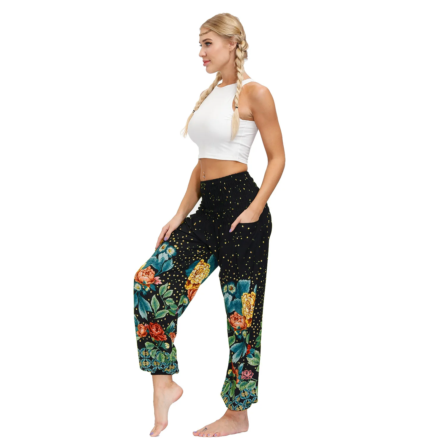 Женские свободные спортивные брюки штаны с цветочным принтом для фитнеса