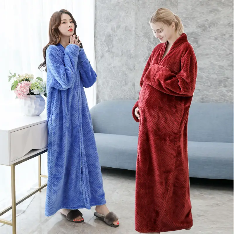 Pajamas Nightgown Robe Winter Thickened Long Section Bathrobe Large Size Loose Nightgown Female Winter Loungewear Pajamas Female