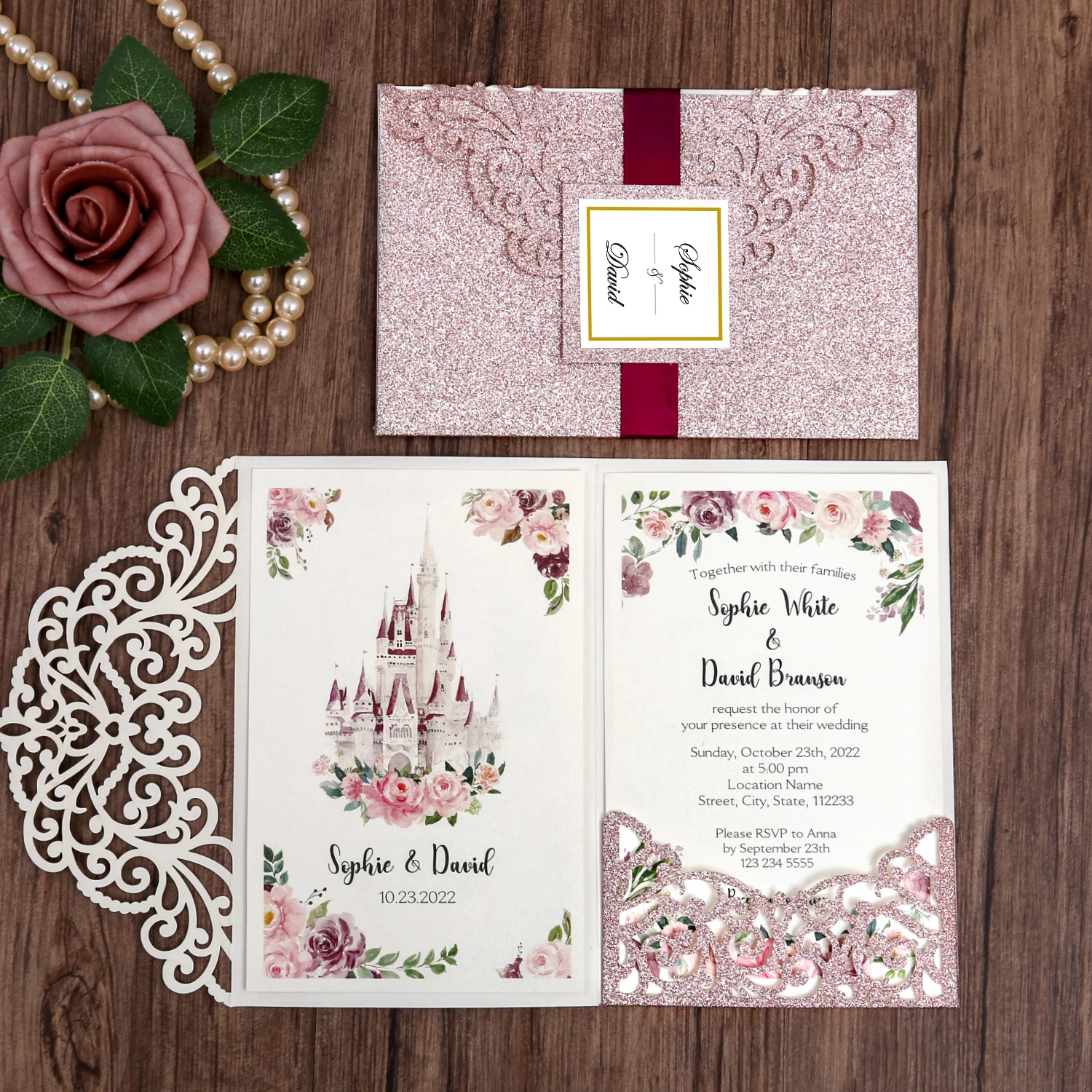 

50pcs Rose Gold Color Glitter Wedding Invitations Laser Cut Invitation Pocket with Castle Patten for Wedding