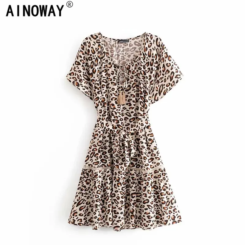 Женское винтажное мини платье с леопардовым принтом V образным вырезом|Женские
