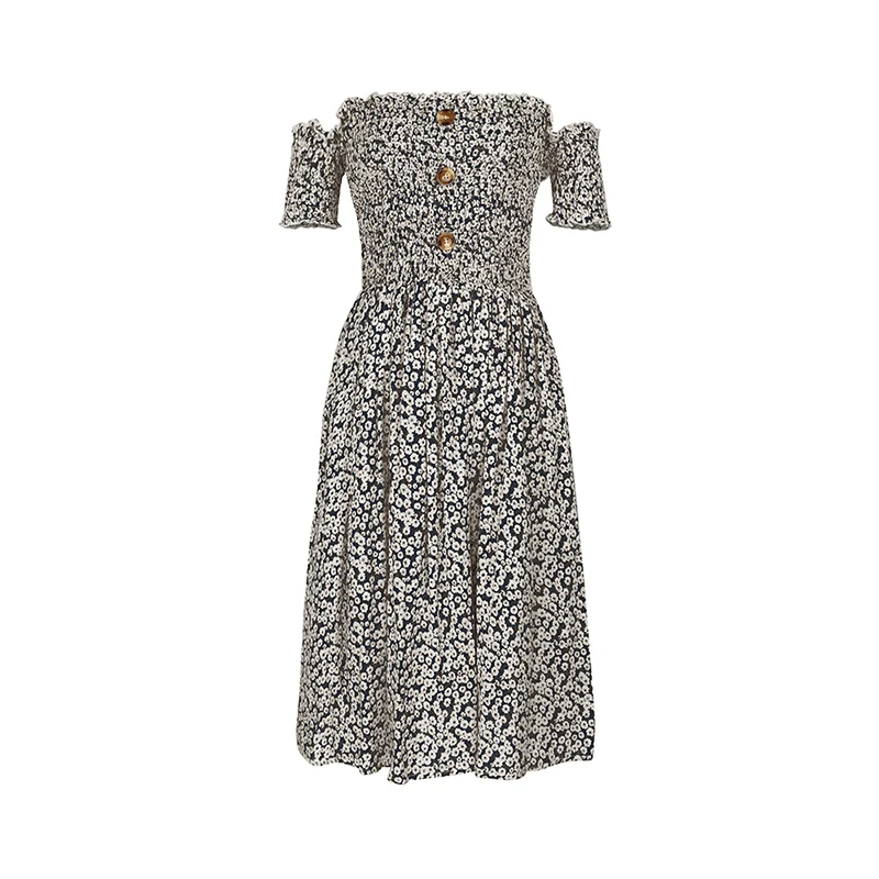 

2020 Women's Summer Midi Dresses High Waist Casual Vestidos Femme Backless Short Sleeve Slash Neck Printing a Line Dress Ladies