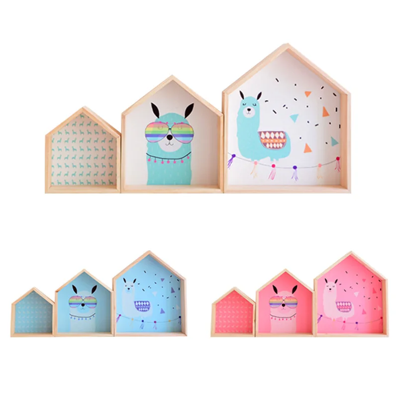 

Nordic Natural Wooden House Wall Rack Children's Room Decorations Cartoon Animal Floating Shelves Kids Bedroom Home Decor