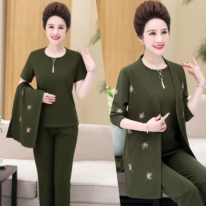 

Female Three-piece Suit Round Neck Short Sleeve Top and Long Sleeve Printed Jacket +loose Solid Pants Women Sets 2021 Spring D2