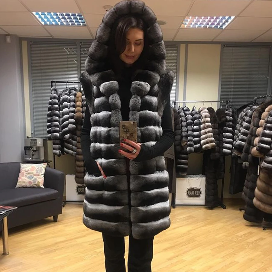 Women Hooded Fur Vest Chinchilla Color Coat Women Real Rex Rabbit Fur Outwear Winter Jacket Hot Style