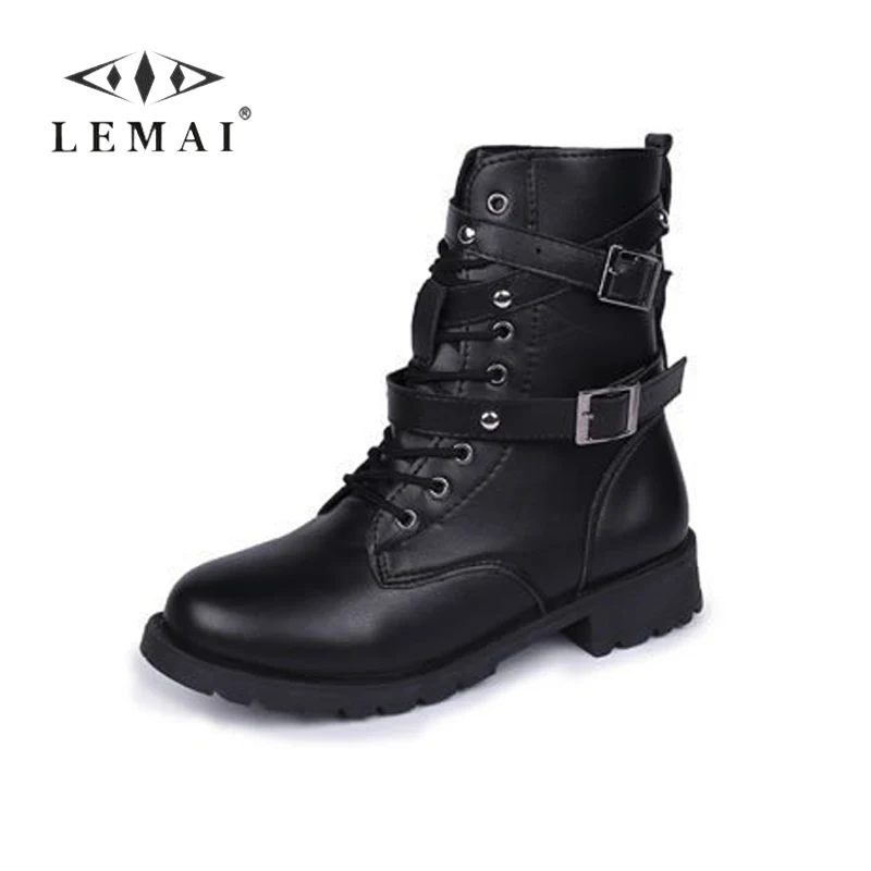 

New Women's Martin Boots Round Toe Winter Warm Buckle Lace-up Riding Booties Outside Fashion Chunky Heel Ankle Boots for Women
