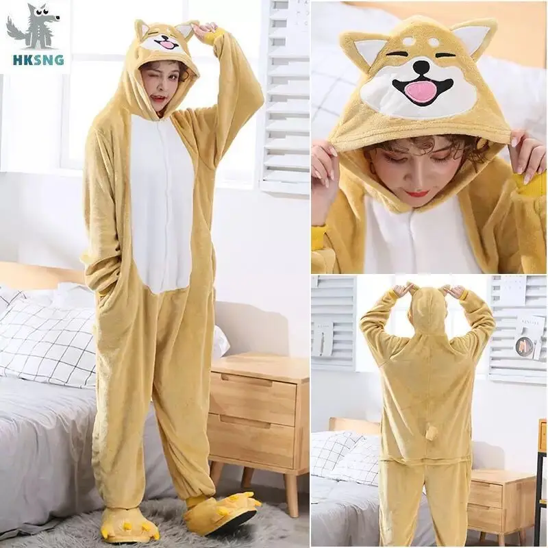 HKSNG Kigurumi Akita женский милый зимний мультяшный желтый комбинезон с собакой теплый