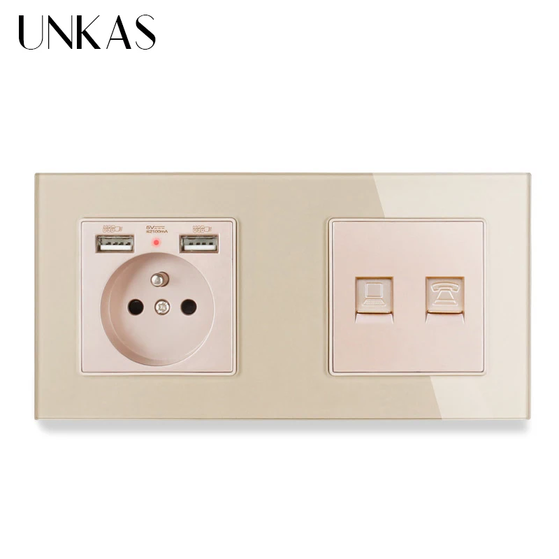 Французская стандартная настенная розетка UNKAS со стеклянной панелью и 2