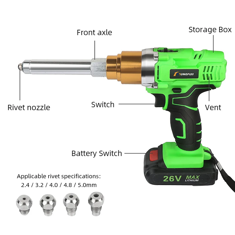 Клепальный пистолет 26v 6000mAh портативный; беспроводной; перезаряжаемый Электрический слепой Поддержка 2,4 мм-5,0 мм заклепка с светодиодный светильник Клепальный Инструмент