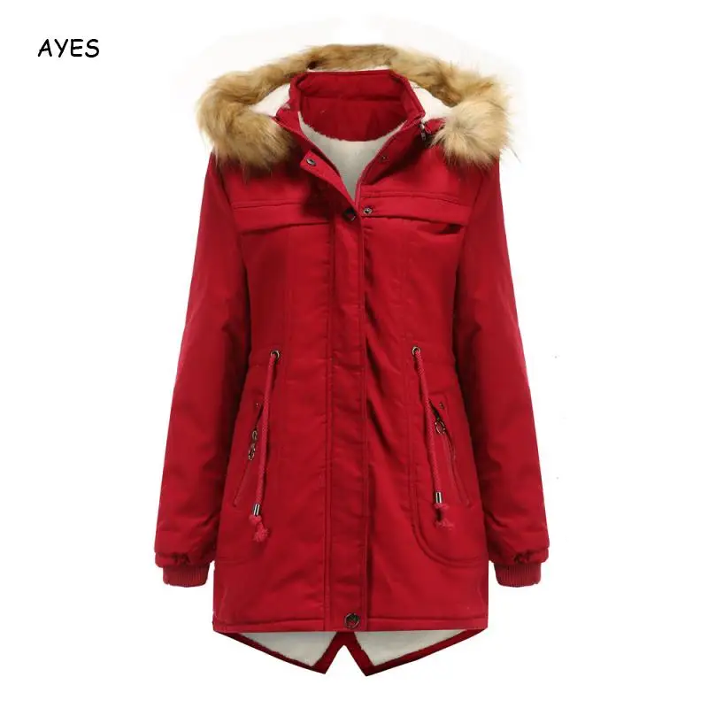 Women High Quality Keep Warm Overcoat Fur Hap Zipper Pockets Outers Autumn Winter Cotton Women Parkas Red Female Plus Size 3xl enlarge