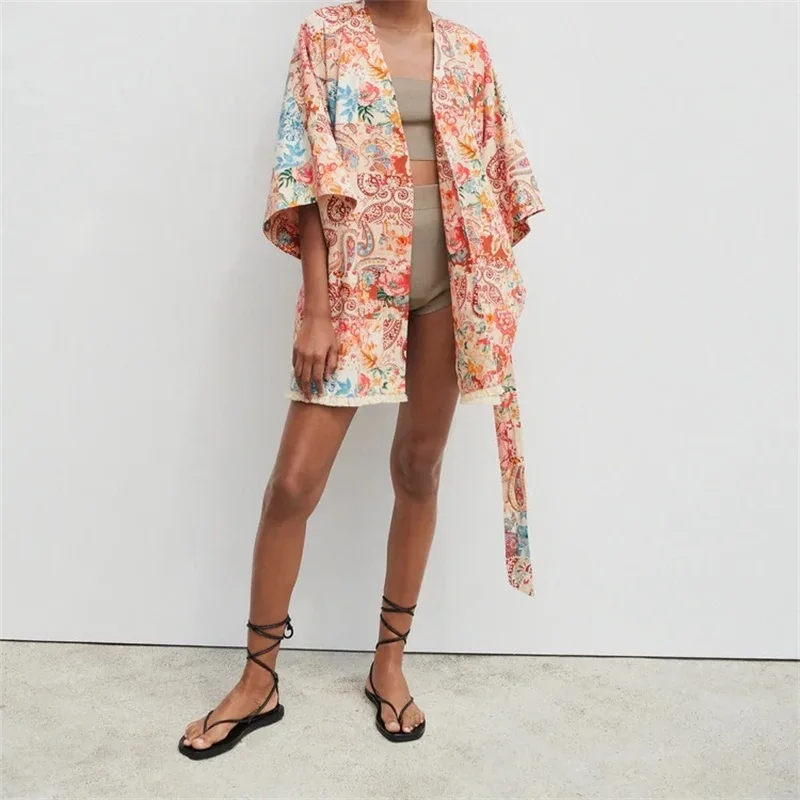 

MESTTRAF Women 2021 Fashion With Belt Patchwork Printed Kimono Blouses Vintage Wide Sleeve Frayed Hem Female Shirts