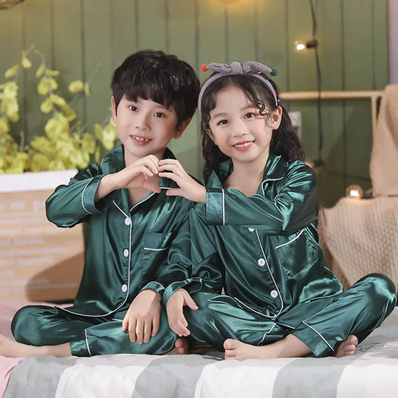 3-14 Year Satin Silk Pajamas For Children Kids Pyjamas Baby Girl Boy Pajama Sets Summer Autumn Pink Blue Pijama Set Home Clothes | Детская