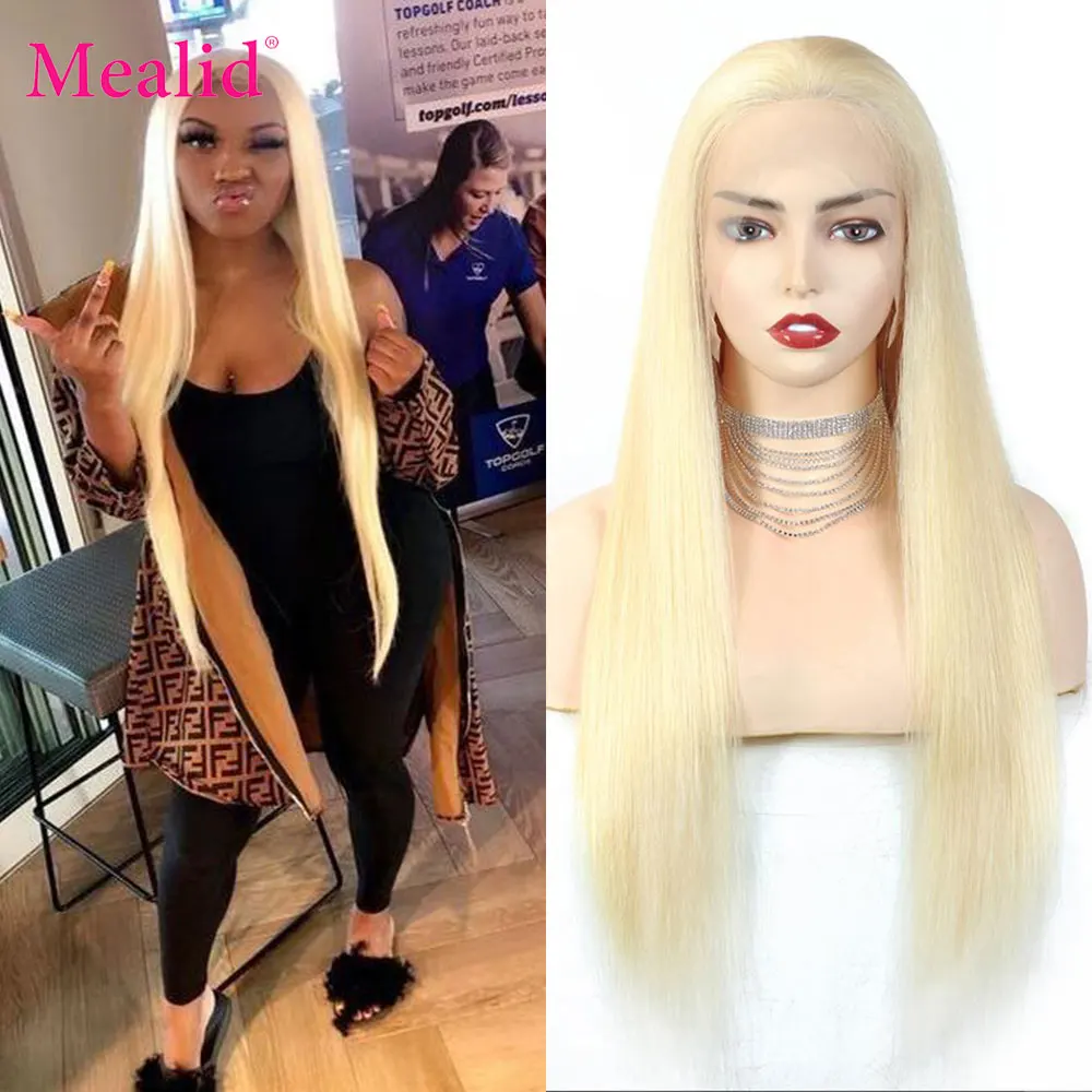 

Mealid Indian Straight 613 Lace Front Wig 8-32 inch 150% Density 13x4 Straight Honey Blonde Lace Front Human Hair Wigs For Women