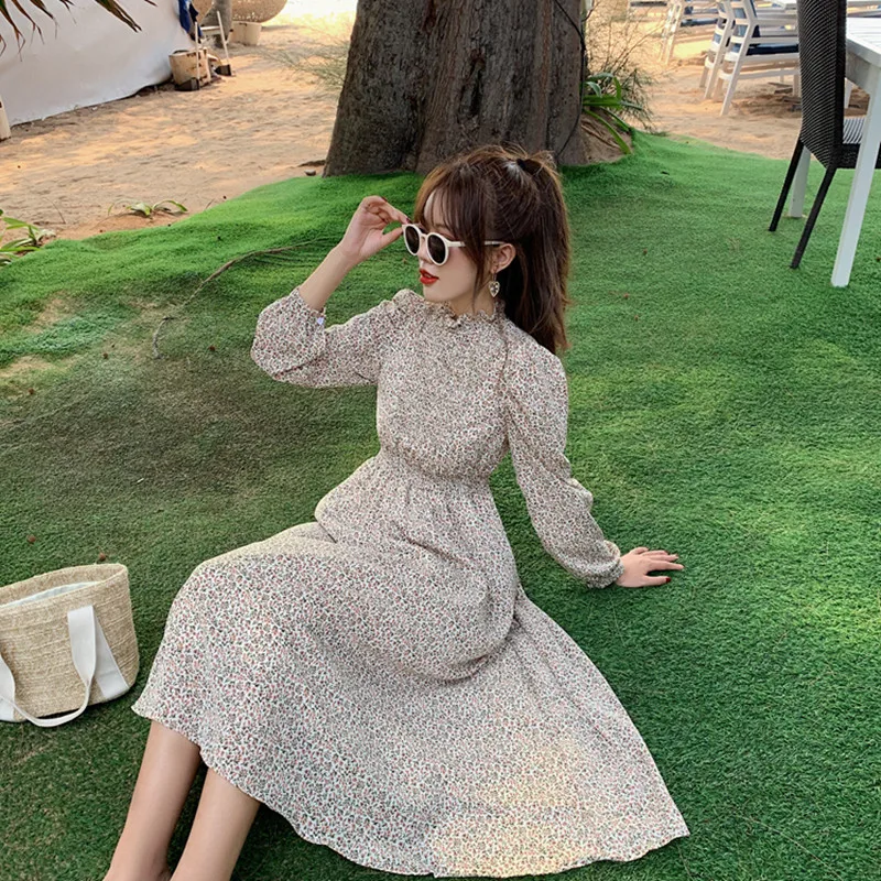 

HziriP Summer Long Dresses For Women 2020 Florals Chiffon Turleneck High Waist Thin Gentle Casual Female Office Lady Vestidos
