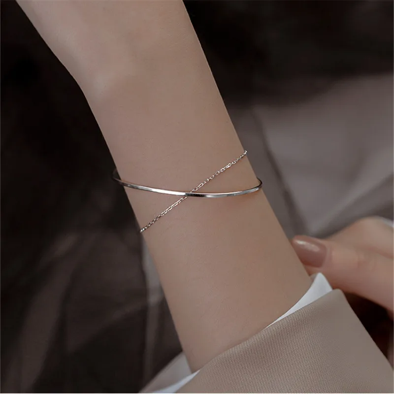 

Top Quality 925 Sterling Bracelet Silver Women Jewelry Fashion Double Layer Chain Bangle Female Accessories Silver Bracelet Girl