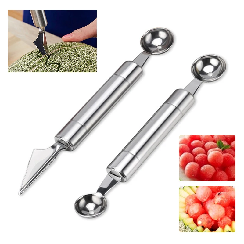 

2 in 1 Fruit Platter Carving Knife Stainless Steel Double Side Fruit Digging Spoon Watermelon Ice Cream Spoons Kitchen Tools