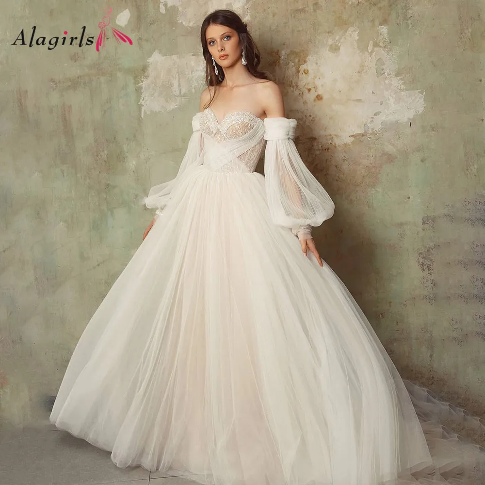 Alagirls Bohemian Strapless Wedding Dress 2020 Off The Shoulder Sleeves Court Train Vestidos Beading Beach Robe Plus Size Simple