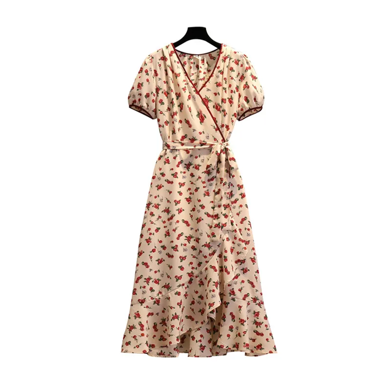 

EHQAXIN Summer Women's Large Size Ladies French Floral Dress Fashion V-Neck Lace Retro Short Sleeve Ruffle Fairy Dress L-4XL