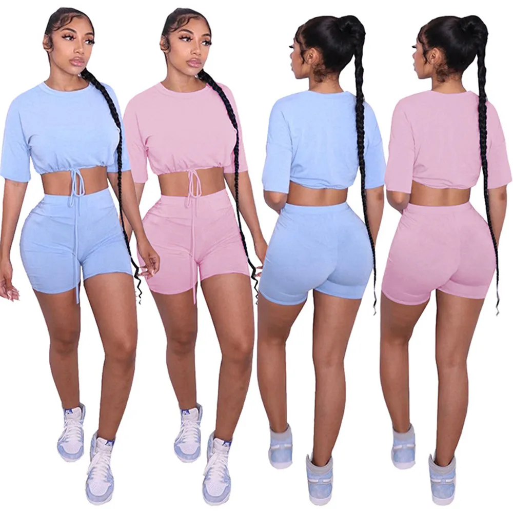 

Pink Light Blue Wome's Sweatsuit Short Sleeve Drawstring Bottom T-shirts and Slim Fit Biker Short Casual Loungewear Tracksuits
