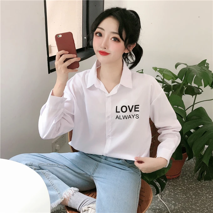 

Houthion Chiffon Shirt Women's Blouses Long Sleeve Top New Casual Blouse Fashion Letter Printing Buttons Tops