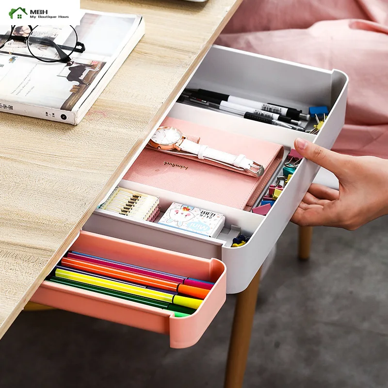 

Self-Adhesive Under Desk Drawer Hidden Storage Box Makeup Organizer School Stationery Case Pencil Tray Pen Holder