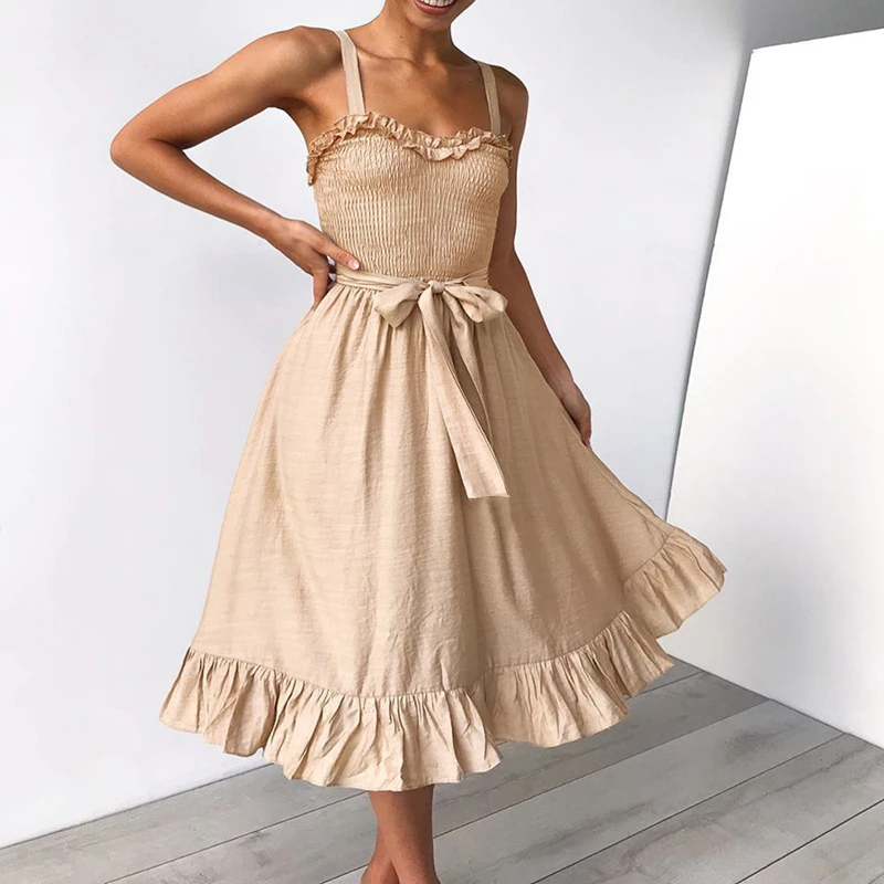 

2020 Fashionable Ladies Streetwear Elegant Dress Sleeveless Ruffled Natural Loose Square Collar Summer Solid Color Suspender xl