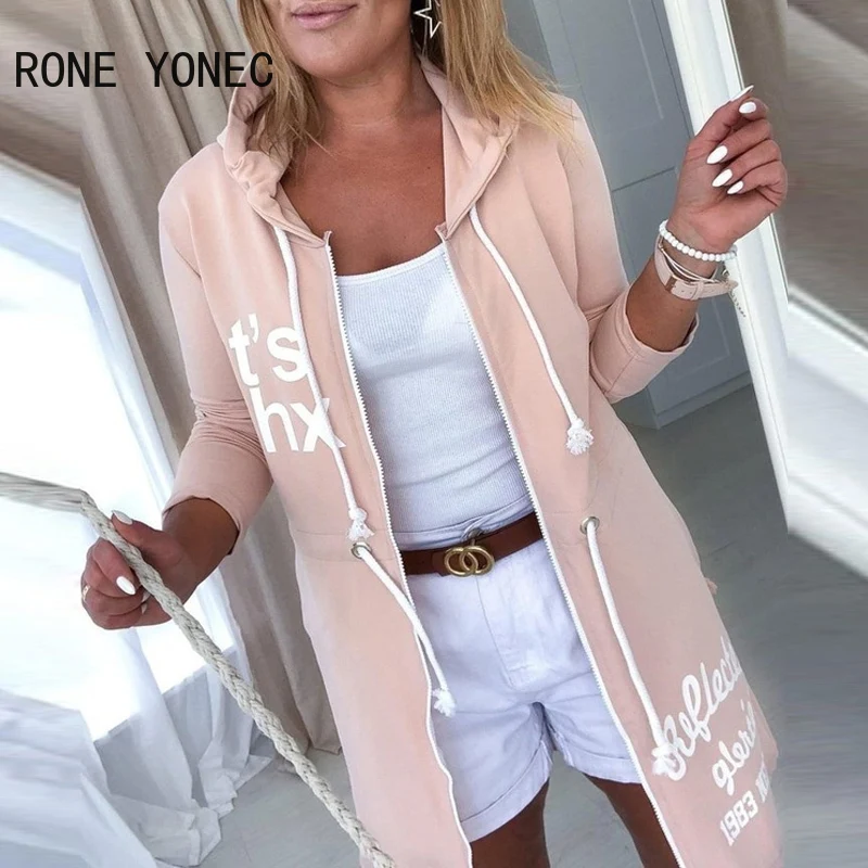 

Women Casual Hooded Long Sleeves Tape Letter Long Pink Jacket