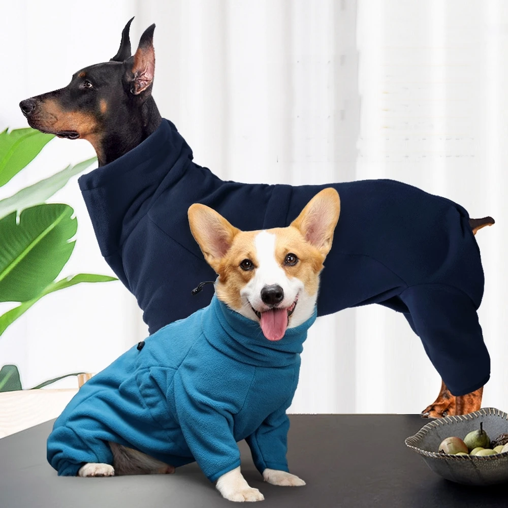 

Fleece Dog Hoodies Clothes Winter Warm Solid Dog Long Neck Collar Coat Adjustable Four-legged Sweater Pet Puppy Overalls Jacket