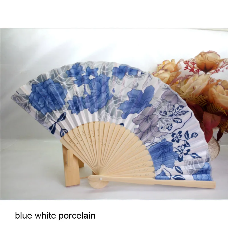 blue white porcelain Японский стиль китайский бамбуковый вентилятор складной ручной вентилятор классический античный Свадебные цветы цветочный танцевальный праздничный Декор - Цвет: blue white porcelain