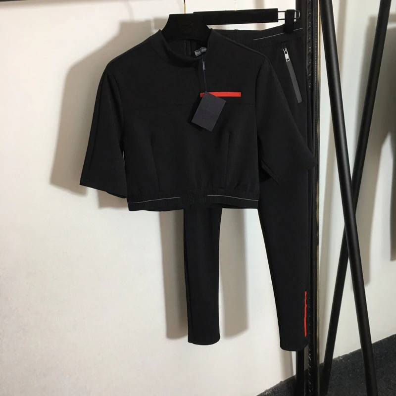 

Autumn Spring Women sport set High Quality Luxury Classic Logo Red Letter Print Stand Neck Top +high Waist Pants Suit 20210777