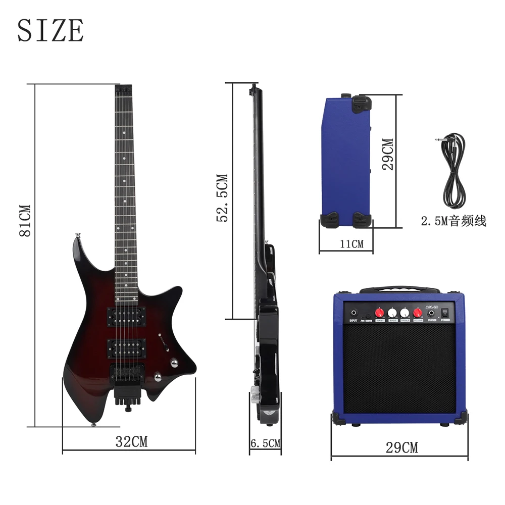 Профессиональная электрическая гитара без головы с динамиком аудиокабель