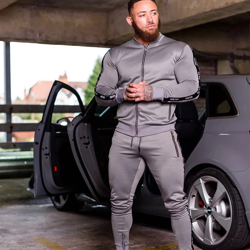 

New Autumn Tracksuit Set Male Sweatshirt Stitching stripe Men Casual Zipper Sets Multi-pocket Fashion High Street Jackets