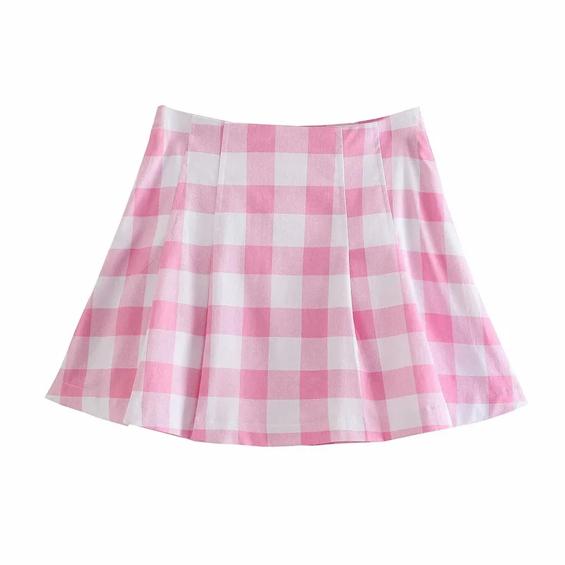 

Casual Woman Pink Cotton Plaid Skirt Suits 2021 Spring Sweet Female Loose Streetwear Blazer Suits Ladies Oversized Sets