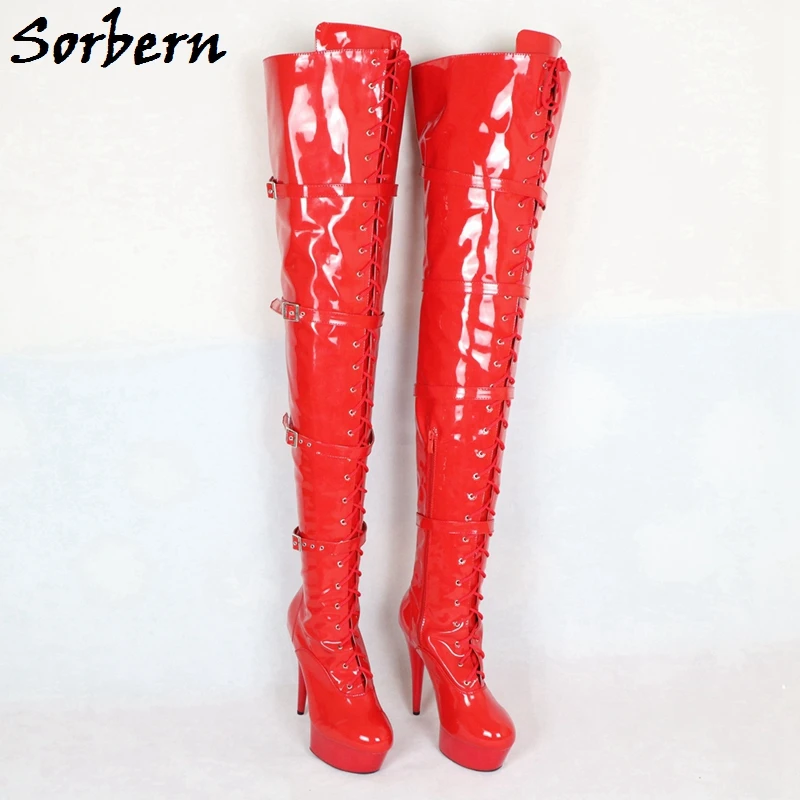 

Sorbern Crotch Thigh High Women Boots 15cm Heels Shaft Height 80cm Ladies Spike High Heels Platform Lace Up Buckle Strap